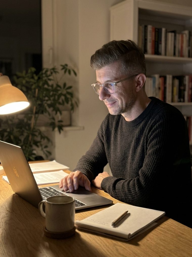 Bahadır akşam masa lambası altında laptopta çalışıyor