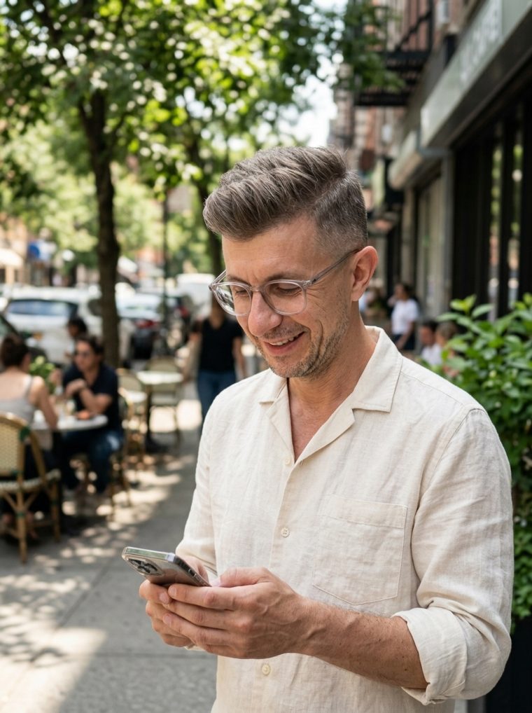 Bahadır sokakta telefonuna bakıp gülümsüyor